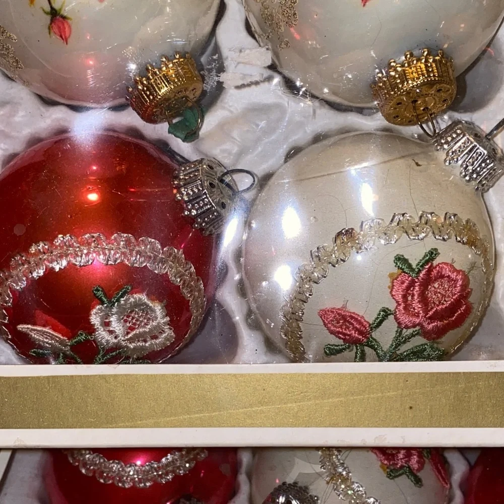 Vintage Glass Christmas Ornaments Plus 2 Boxes Of Krebs Victorian Roses Hand Dec